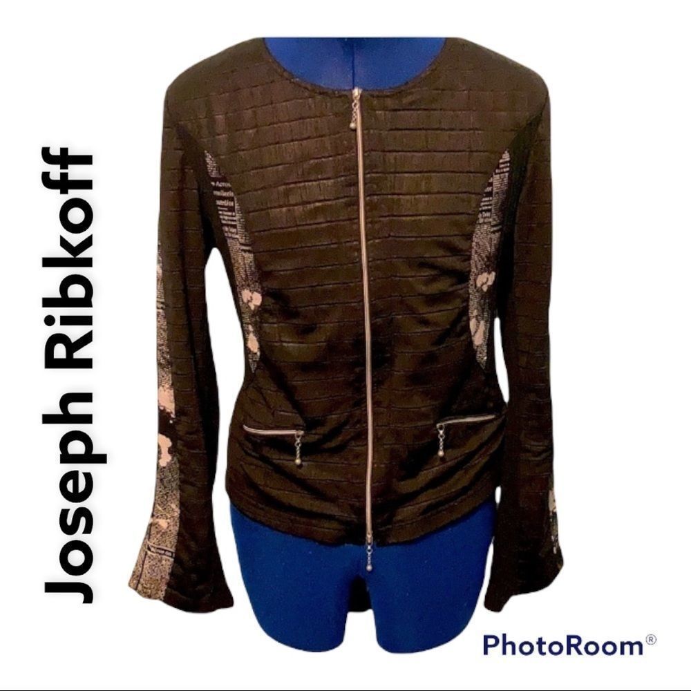 Vintage Sz 10 Joseph Ribkoff zip up black top.  Newsprint pattern two pockets
